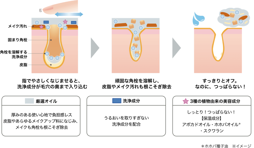厚みのあるオイルが肌への負担を軽減し、皮脂やメイクになじみ、ウォータープルーフメイクもすっきりと落としてくれることを説明しているイラスト