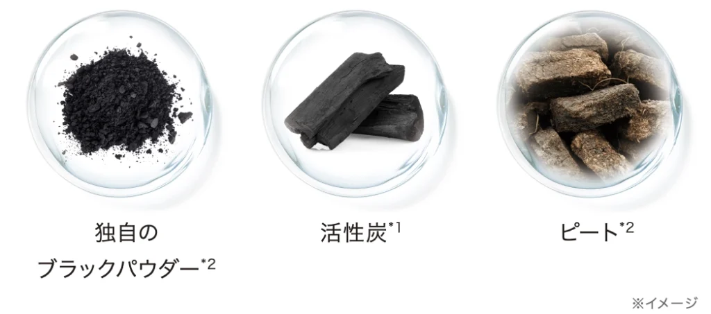 DUO（デュオ）ザ クレンジングバーム ブラックリペアの特徴「吸着力抜群の3種の炭が頑固な汚れをしっかりキャッチ」を説明している画像
